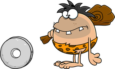 Obraz premium Caveman Cartoon Character With A Stone Wheel. Hand Drawn Illustration Isolated On Transparent Background