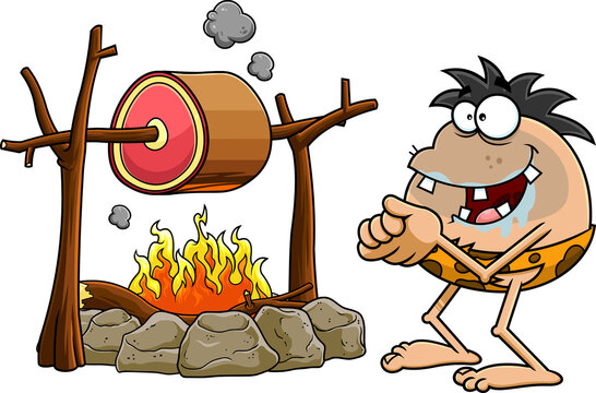 Hungry Caveman Cartoon Character Cooking Meat. Hand Drawn Illustration Isolated On Transparent Background