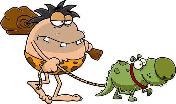 Funny Caveman Cartoon Character With Club And Dino Dog Goes To Hunting. Hand Drawn Illustration Isolated On Transparent Background