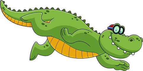 Smiling Alligator Or Crocodile Cartoon Character Swimming. Hand Drawn Illustration Isolated On Transparent Background