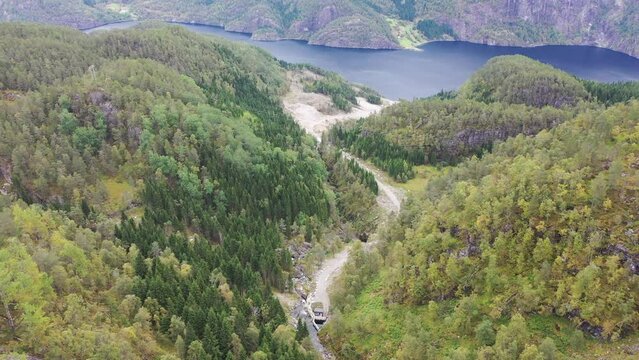 Nature damaged with roads and digging work due to building of Hydroelectric powerplant Markaani in Vaksdal Norway - Encroachment on nature due to hydroelectricity