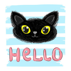 Black cat says hello. Animal greets. Cute Black kitten. Hand-drawn textured vector illustration.
