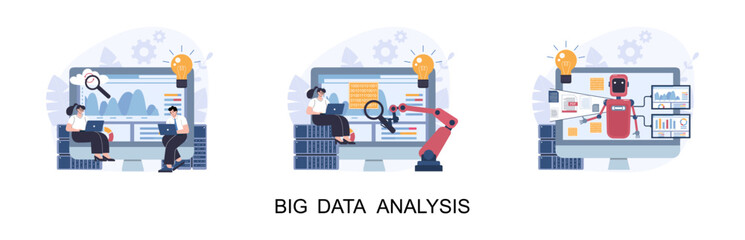 Big data analysis concept. Image set. Vector illustration.