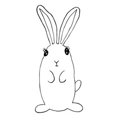 Cute doodle bunny, funny white rabbit line art vector illustration