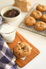 Chocolate chip cookies on white background.