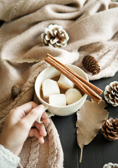 Cozy winter, hot chocolate home background
