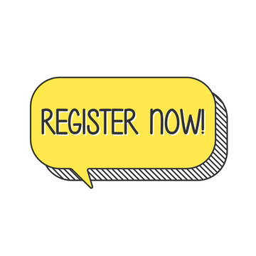 register now on speech bubble