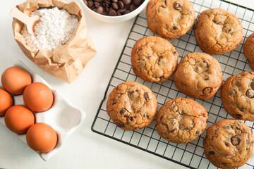 Chocolate chip cookies on white background.
