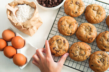 Chocolate chip cookies on white background.