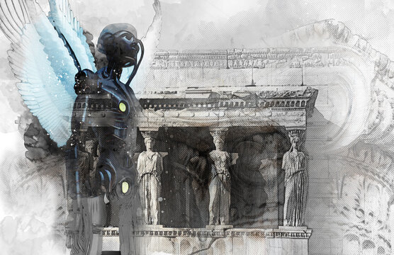 3d Illustration - Fusion Of The Past And The Future . Cyborg Angel  And Ancient Temple