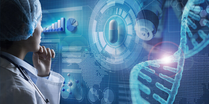 Doctor analysing medication on holographic interface. Conceptual composite image about innovative technologies in pharmaceutical science research. 3d illustration elements.