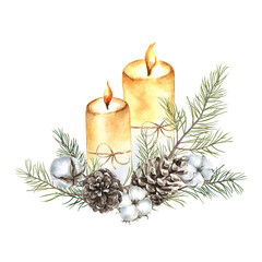 Christmas composition with watercolor candles, cones and cotton