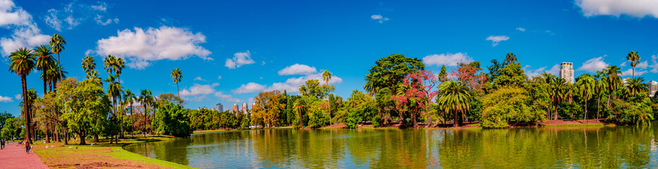 Panoramic view over Palermo district 3rd  February park and garden with beautiful nature, lagoons at sunny day, blue sky and people doing sport and relaxing
