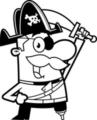 Outlined Pirate Cartoon Character With A Sword. Vector Hand Drawn Illustration Isolated On Transparent Background