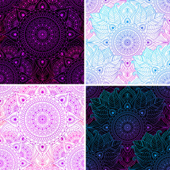 Set of seamless patterns with oriental arabesque, lace floral pattern and circular ornaments mandala, blue and pink gradient, psychedelic background