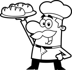 Outlined Baker Cartoon Character Holding A Bread. Vector Hand Drawn Illustration Isolated On Transparent Background
