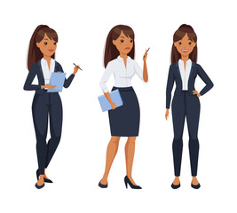 Office Woman Character Wearing Formal Suit in Standing Pose Vector Set