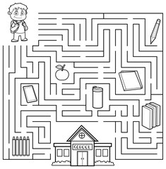 Cartoon Maze Game Education For Kids Help The Student Get To School. Vector Hand Drawn Illustration Isolated On White Background