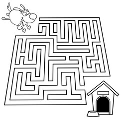 Cartoon Maze Game Education For Kids Help The Dog Get To His House. Vector Hand Drawn Illustration Isolated On White Background