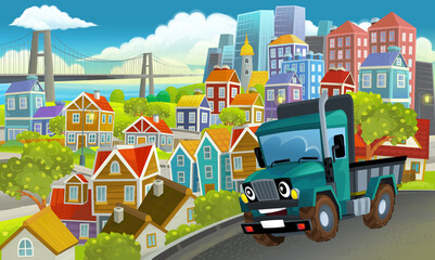 Plakat cartoon industrial truck through the city illustration