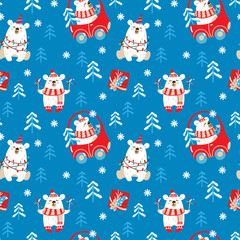 Cute bear in the winter forest celebrates christmas. Christmas print. Seamless pattern. 