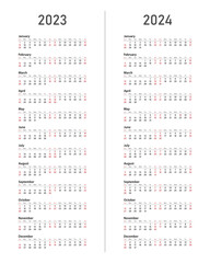 Calendar template for 2023 and 2024. The week starts on Sunday. Diary planner , corporate and business calendar. Organizer. Monthly calendar. Daily planner.