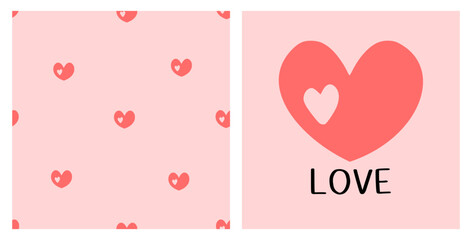 Valentine' s day  pattern with seamless pattern of red hearts on pink background. Red heart icon with hand written font vector illustration.