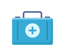 First aid kit, container with cross containing medicine and meds for treatment and care for patient. Help with health and emergency cases. Vector in flat style