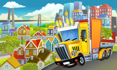 cartoon industrial truck through the city illustration