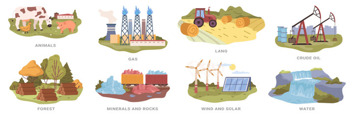 Renewable natural resources, isolated animals and gas, lang and crude oil, forest and minerals, rocks and water. Wind and solar power. Vector in flat style