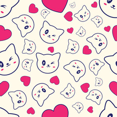 Cute cat face and heart shapes seamless pattern Cute fashion background design. Patterns for birthday celebrations, kids invitation, scrapbooking. Retro collection