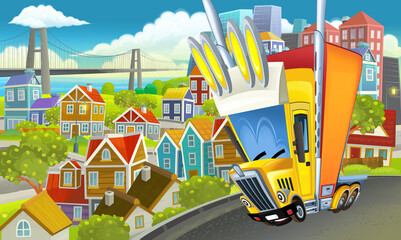 cartoon industrial truck through the city illustration