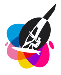 Windsurfing sport graphic with colorful design elements.