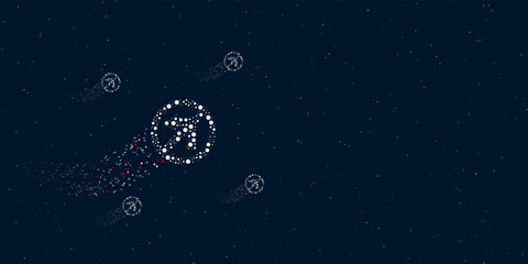 A no left turn sign filled with dots flies through the stars leaving a trail behind. There are four small symbols around. Vector illustration on dark blue background with stars