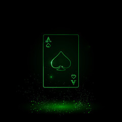 A large green outline ace of spades card on the center. Green Neon style. Neon color with shiny stars. Vector illustration on black background