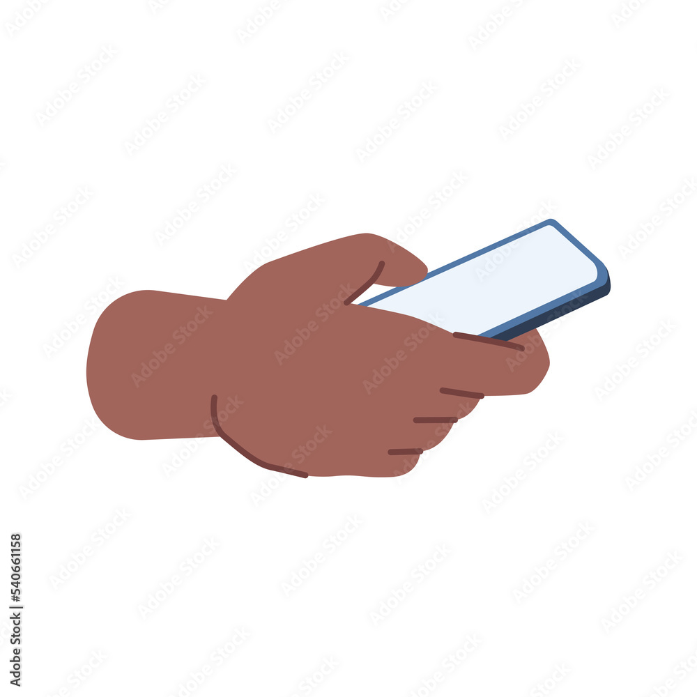 Aufkleber User holding smartphone in hand, using application and texting. Isolated arm with cell phone with touchscreen tapping mobile. Vector in flat cartoon style