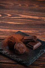 Homemade fresh energy truffle chocolate candies with cocoa powder