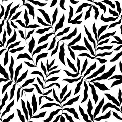 Monochrome tropical palm tree leaves seamless pattern. Vector repeat design for cards, web, backgrounds and natural product. Black and white natural template.