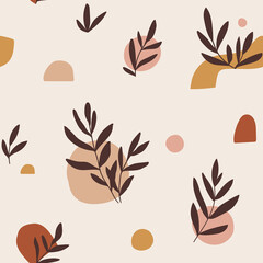 Vector hand-drawn seamless pattern. Contemporary creative repeat background 
 with abstract shapes and leaves. 