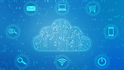 2d illustration of Cloud computing, Digital Cloud computing Concept background. Cyber technology, internet data storage, database and data server concept