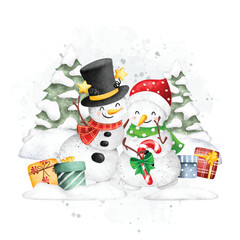 Watercolor Illustration snowman and gift in winter season