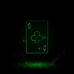 A large green outline ace of clubs card on the center. Green Neon style. Neon color with shiny stars. Vector illustration on black background