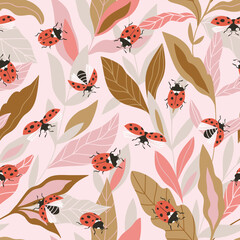 Vector insect seamless pattern. Hand-drawn ladybugs on the pink background. 