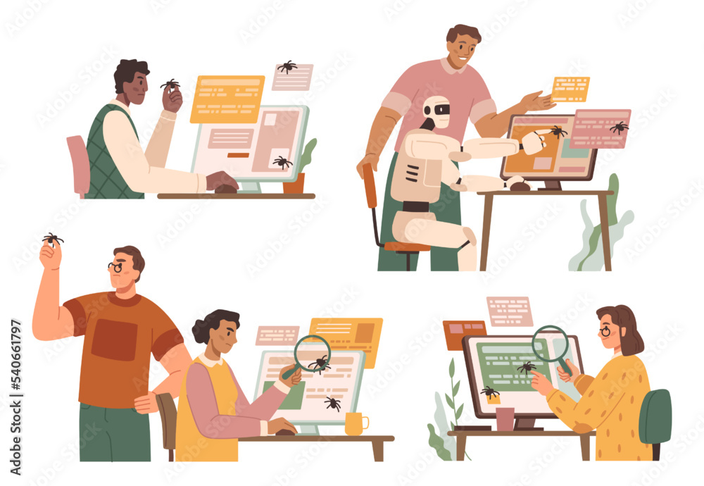 Aufkleber Quality assurance programmers looking for software bugs, testing and giving feedback, cartoon set. People working on project on online websites. Vector in flat style
