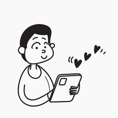 hand drawn doodle holding tablet screen love sign illustration