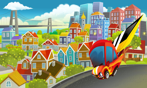 cartoon sports car speeding in the city illustration © honeyflavour