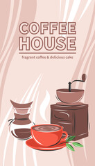 Banner for coffee house, coffee shop, cafe-bar, restaurant, menu. Coffee maker, coffee grinder, coffee and cakes.  Vector illustration