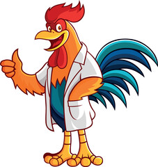 A Rooster Wearing Lab Coat Smiling with Thumbs-Up
