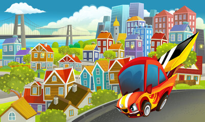 Obraz na płótnie Canvas cartoon sports car speeding in the city illustration