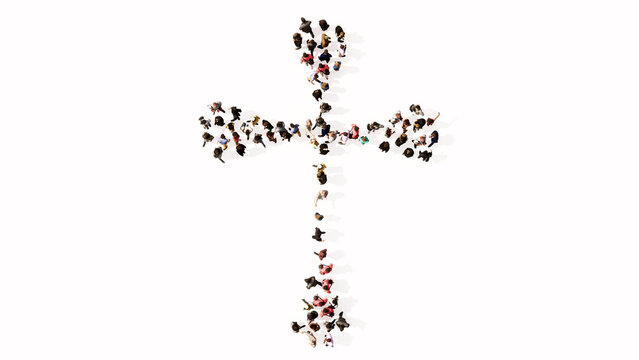 Concept or conceptual large community  of people forming the image of a religious christian cross. A 3d illustration metaphor for God, Christ, religion, spirituality, prayer, Jesus or belief